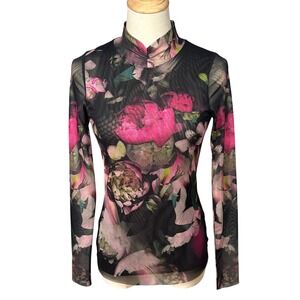 Ted Baker Lisanna Dark Floral Mesh Top Sz 1 (Small) Dark Romantic Whimsigoth